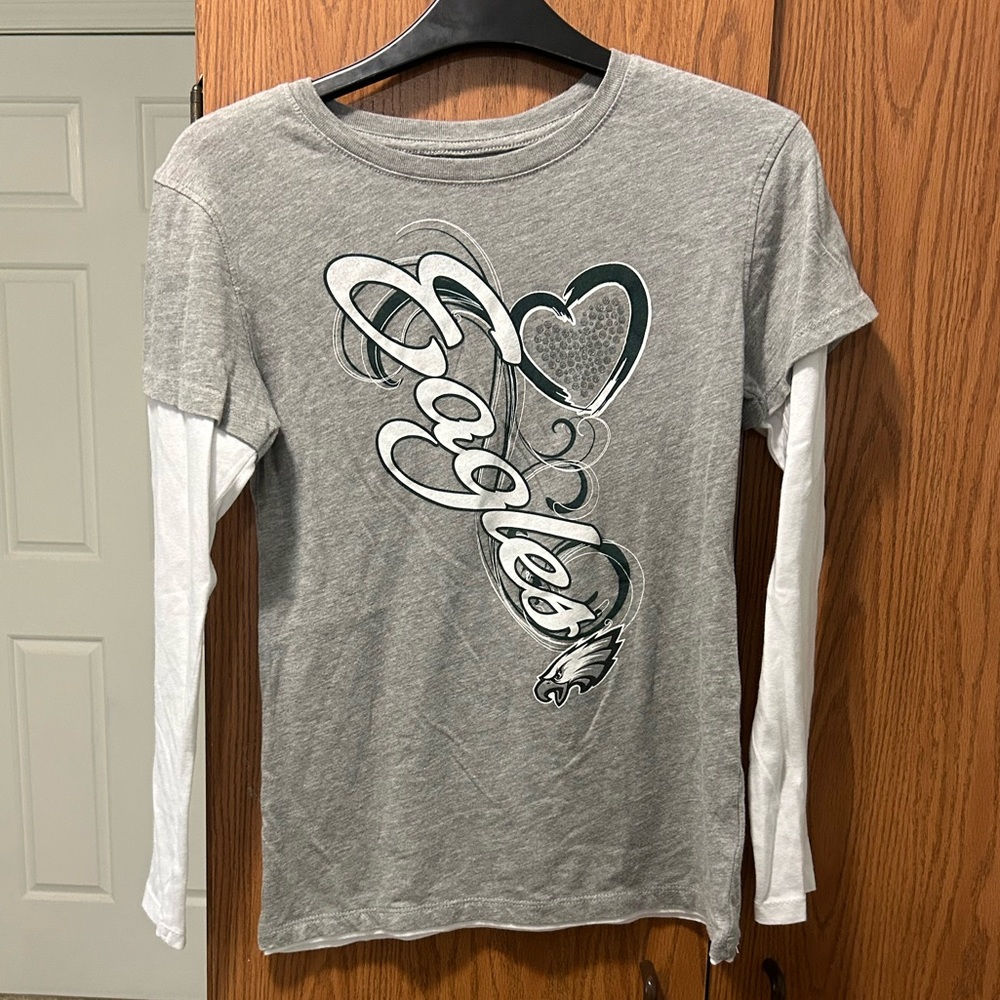 GIRLS SIZE LARGE TWO IN ONE GREY EAGLES LONG SLEEVE GRAPHIC TEE SHIRT